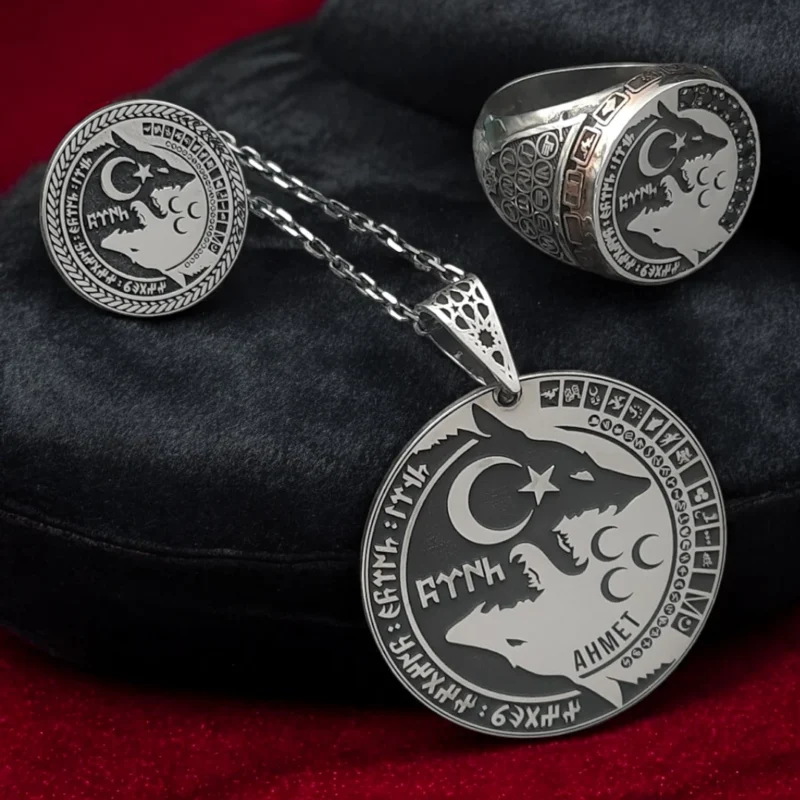 bozkurt kolye yüzüki bileklik rozet türk bayraklı gümüş kolye yüzük hediyelik türk bayraklı gümüş yüzük Bozkurt Yüzük, Rozet Madalyon Gümüş Set