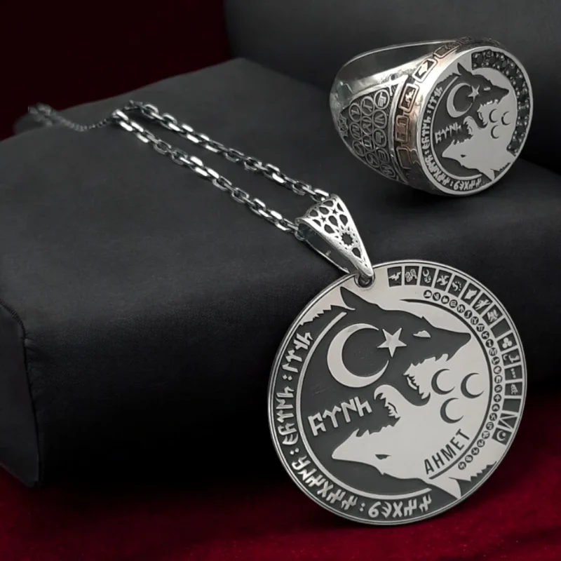 bozkurt kolye yüzüki bileklik rozet türk bayraklı gümüş kolye yüzük hediyelik türk bayraklı gümüş yüzük 2 Bozkurt Yüzük, Rozet Madalyon Gümüş Set