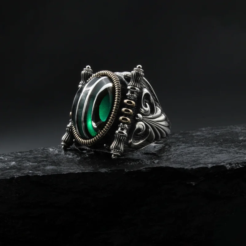 1 Gümüş Çizgili Yeşil Yüzük