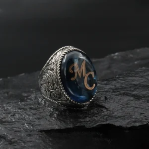 1 Mavi Taşlı Harfli Gümüş Yüzük