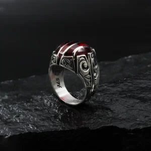 2 Gümüş Çizgili Kızıl Taşlı Yüzük
