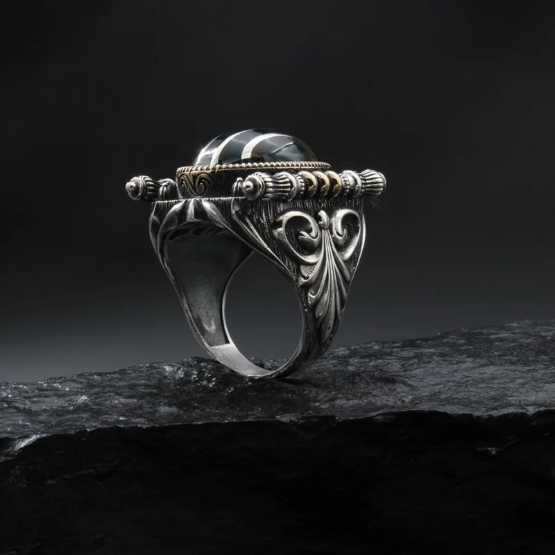 2 Gümüş Çizgili Yeşil Yüzük