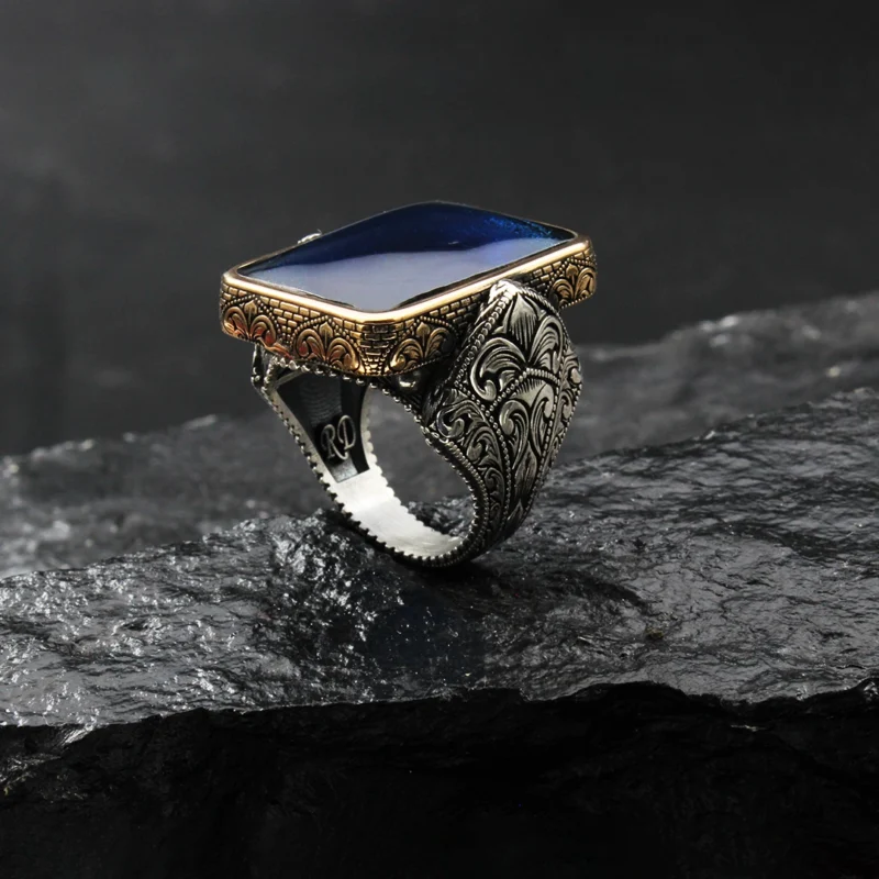 2 Mavi Kehribar Gümüş Yüzük