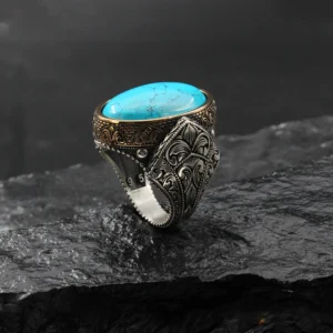 2 Turkuaz Taşlı Gravürlü Gümüş Yüzük