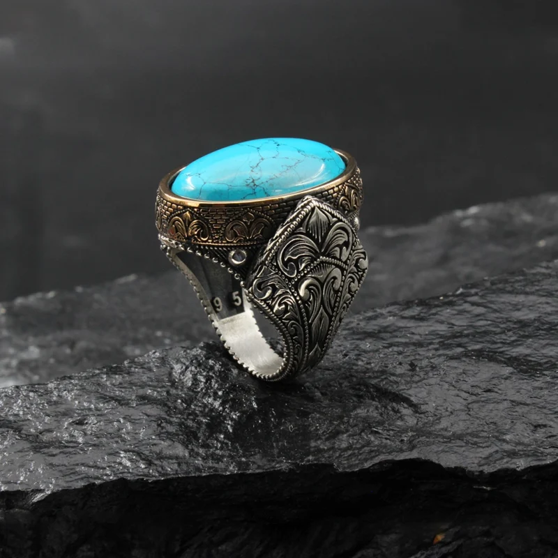 2 Turkuaz Taşlı Gravürlü Gümüş Yüzük