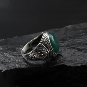 2 Yeşil Akik Gravür Gümüş Yüzük