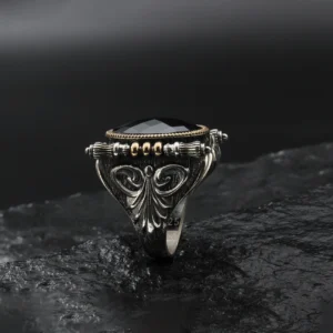 3 Siyah Taşlı Gravürlü Gümüş Yüzük