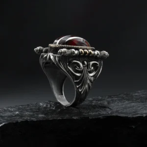 3 Çizgili Kırmızı Taşlı Gümüş Yüzük