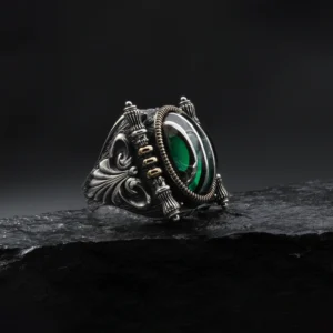 3 Gümüş Çizgili Yeşil Yüzük