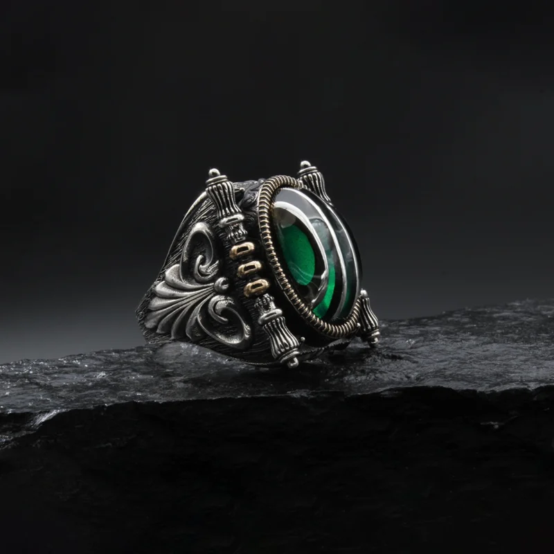 3 Gümüş Çizgili Yeşil Yüzük