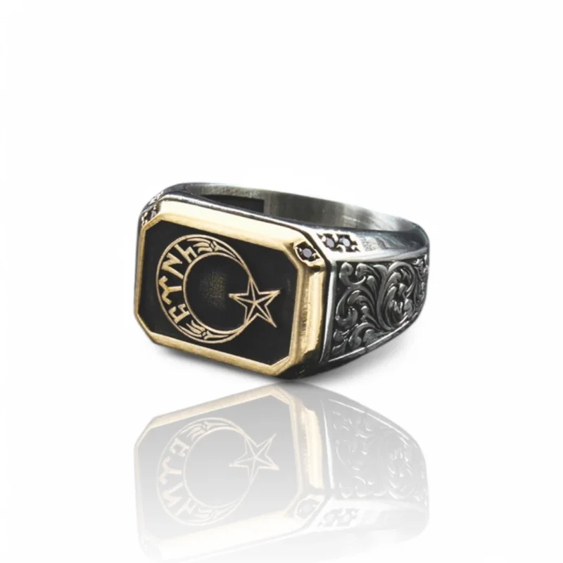 ay yıldızlı gravür yüzük İnce Gravür Ay Yıldızlı Gümüş Yüzük