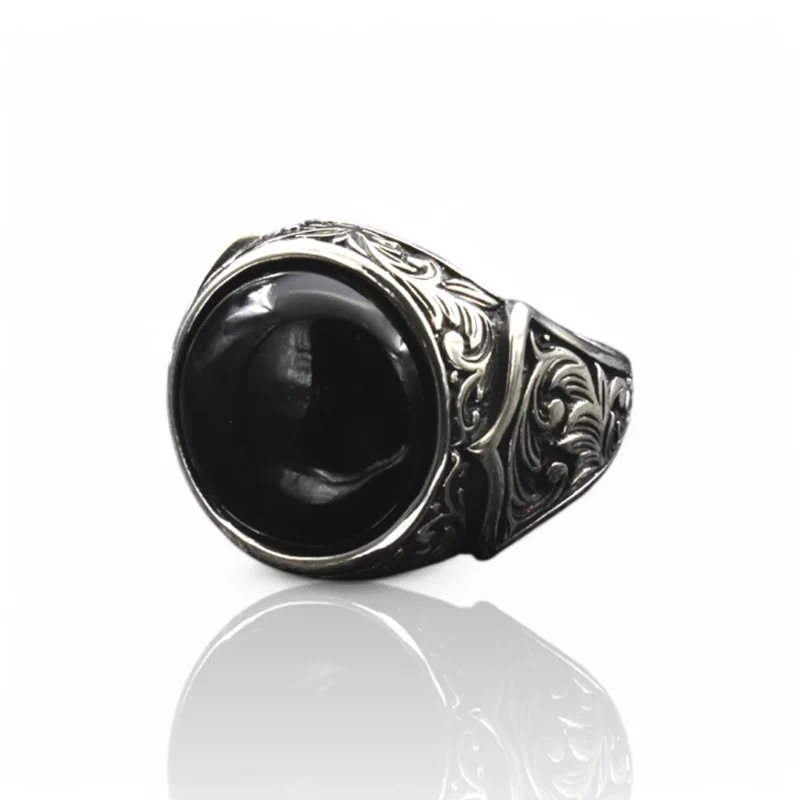 siyay akik 2 Siyah Akik Gravürlü Gümüş Yüzük