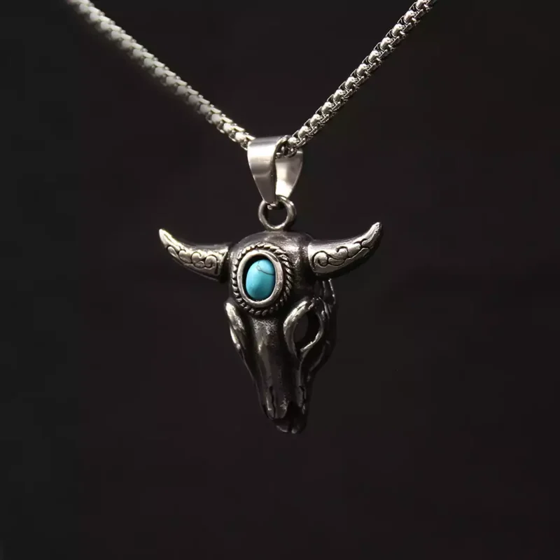 boğ22-min Turkuaz Taşlı Boğa Çelik Kolye