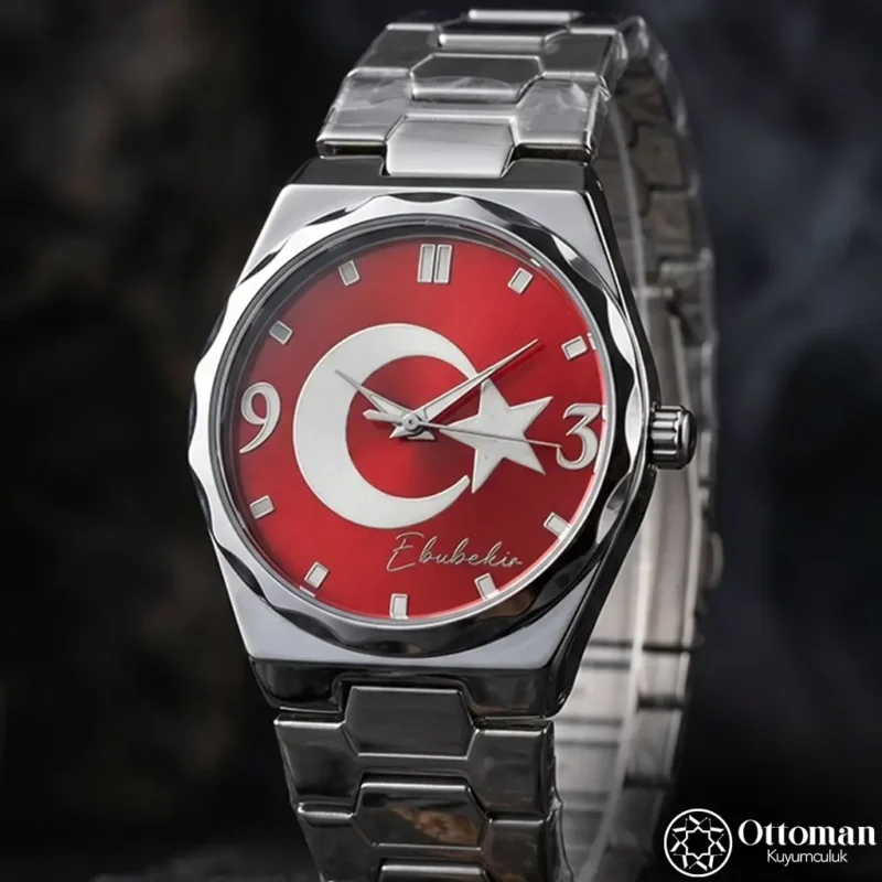 ottoman-31088-1-30 Fosforlu Ay Yıldızlı Gümüş Kadranlı Kol Saati