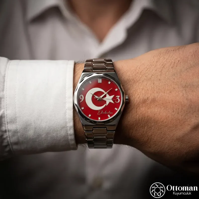 ottoman-31089-2-30 Fosforlu Ay Yıldızlı Gümüş Kadranlı Kol Saati
